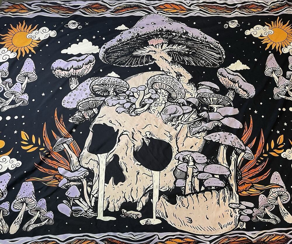 Trippy Mushroom Skull Tapestry 4x3 Wall Hanging Hippie Psychedelic Room Decor